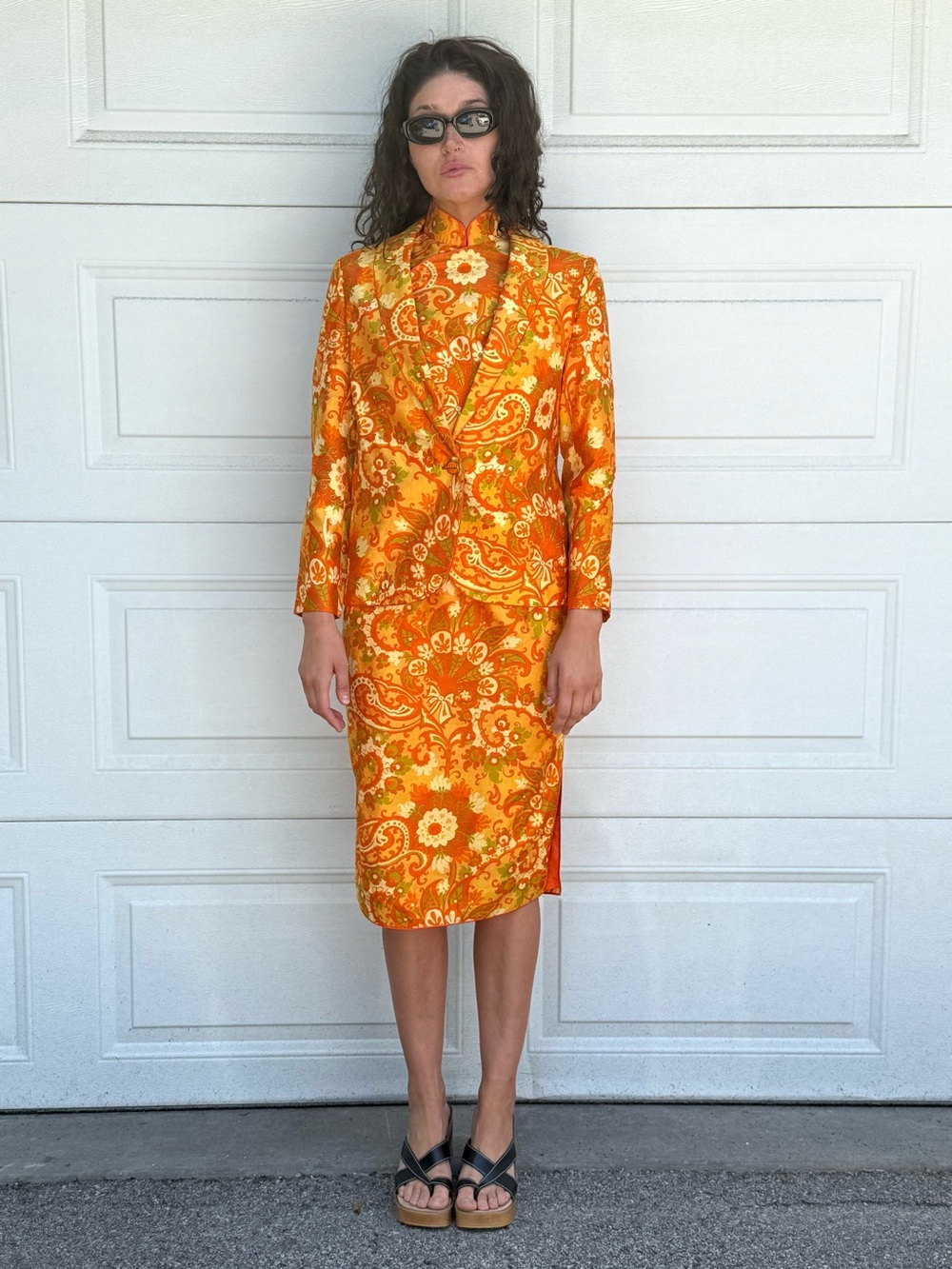 Vintage 60s Orange Raw Silk Floral Midi Dress Cheongsam with Jacket - Picture 3 of 17